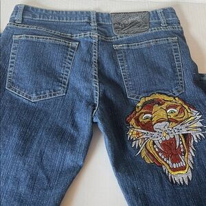 Ed Hardy x Christina Aguilera Tiger Embroidered Jeans Y2K Vintage Denim SZ 11/12